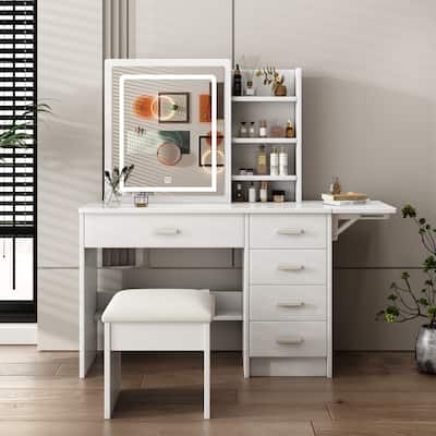Vanity Desk with Mirror and Lights with open shelves and Chair,Table Set with 3 Color Lighting Brightness Adjustable,5 Drawers