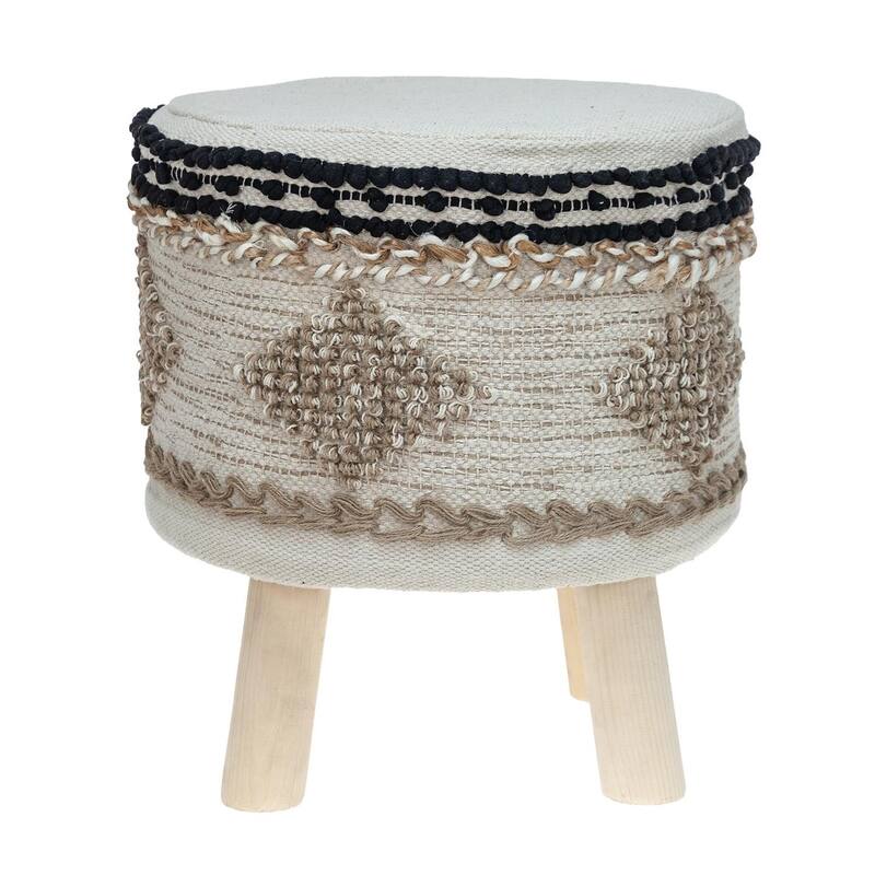 Beige Jute and Brown Round Ottoman Pouf for Living Room or Bedroom - Beige