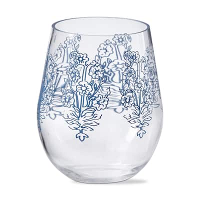 18 oz. Cottage Blue and White Floral Acrylic Stemless Wine Hand Wash Beverage Glassware Dinner Party Wedding Resturant