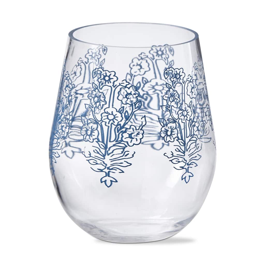 18 oz. Cottage Blue and White Floral Acrylic Stemless Wine Hand Wash Beverage Glassware Dinner Party Wedding Resturant