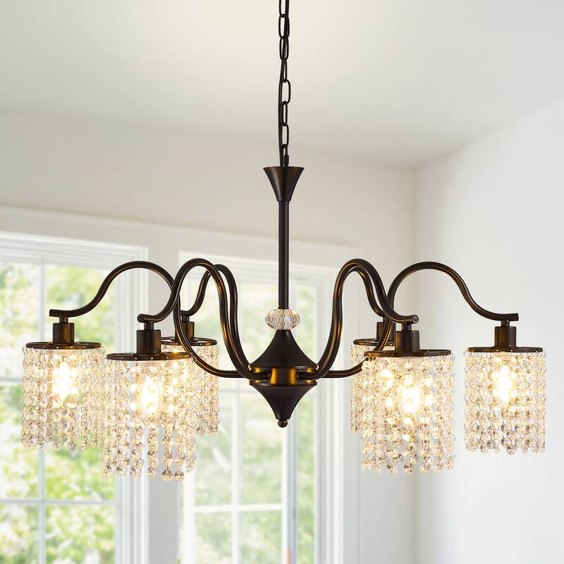 Modern Farmhouse Vintage Crystal Chandelier, 6-Light Rustic Kitchen Island Light Fixture - Black
