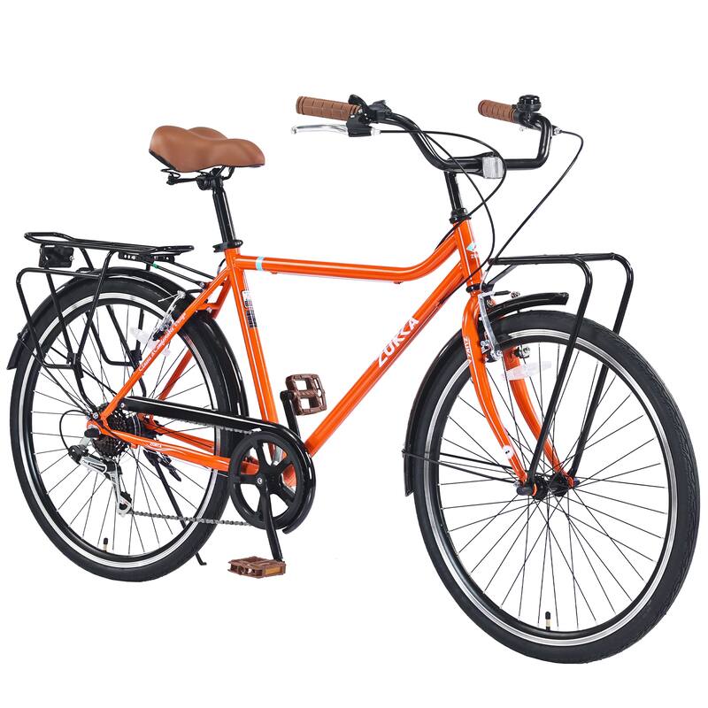 26-Inch Vintage Style Bike with Steel Frame, Shimano 7-Speed, Double V Brakes, and Retro Design for Adults - Orange