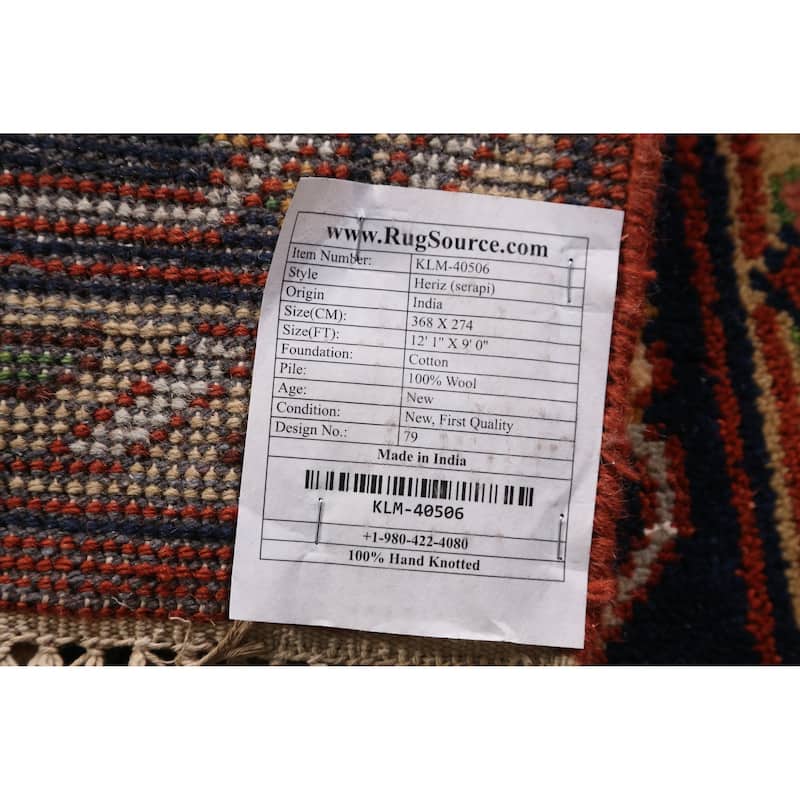 Medallion Heriz Serapi Indian Area Rug Hand-Knotted Wool Carpet - 9'0" x 12'1"