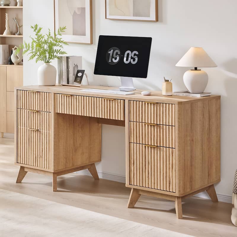 Modern Executive Desk with Charging Station, Home Office Computer Desk - Oak
