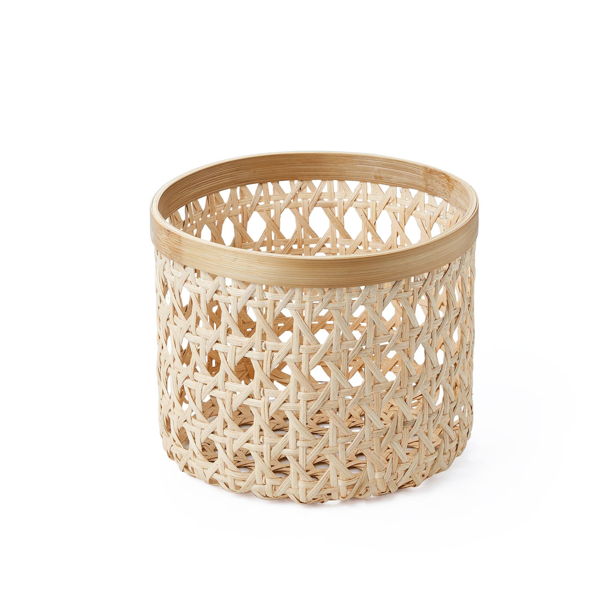 Set Of Two Round Natural Cane Storage Bins With Bamboo Rim Natural