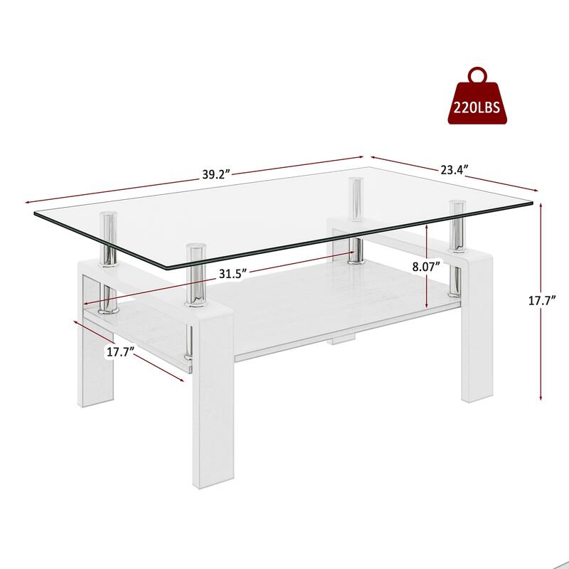 Rectangle Coffee Table, Tempered Glass Tabletop with MDF Layer, Modern Table for Living Room , Transparent Glass