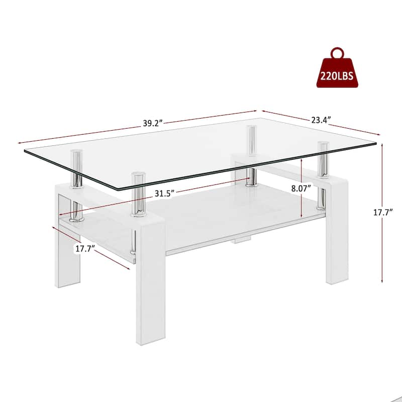 Rectangle Coffee Table, Tempered Glass Tabletop with MDF Layer, Modern Table for Living Room