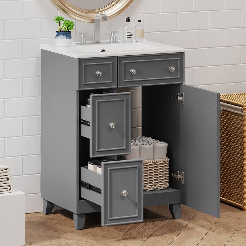 24'' Bathroom Vanity with Ceramic Sink Top, Freestanding Bathroom Vanity Cabinet with 1 Soft Close Door and 2 Storage Drawers - Grey
