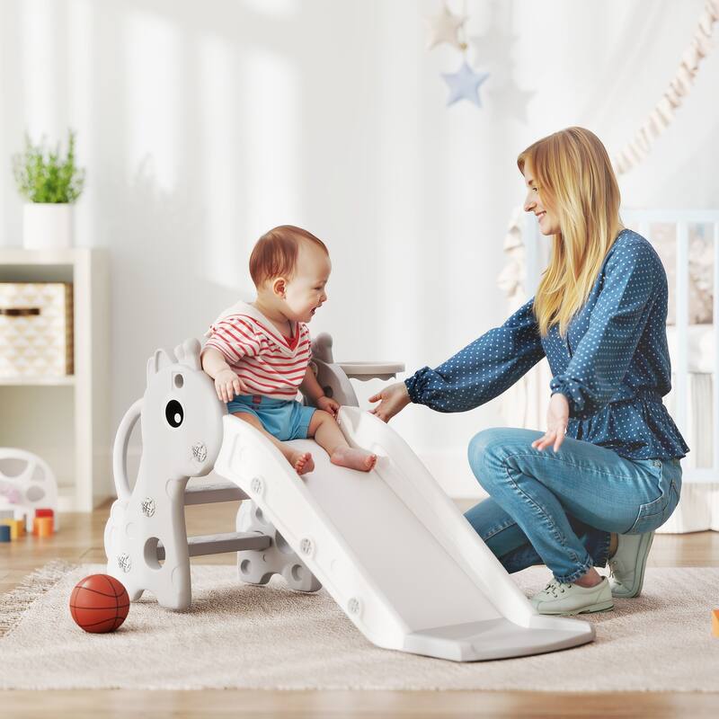 HDPE Kids Outdoor Slide with Ladder and Hoop for Playroom, Living Room and Nursery Room - 41.7" L x 20.3" W x 20.5" H