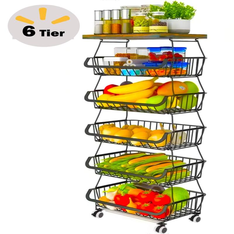 5/6-Tier Stackable Fruit Basket, Rolling Metal Cart with Wheels - 6-Tier
