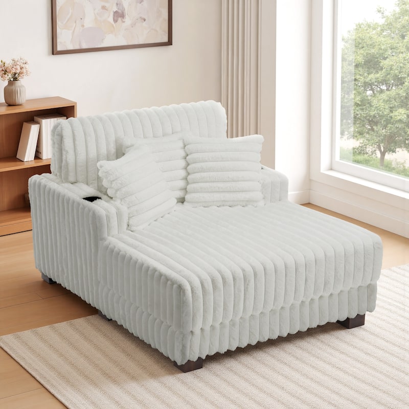 42"W Upholstered Chaise Lounge Sofa Bed with Pillow and Cup Holder - Beige