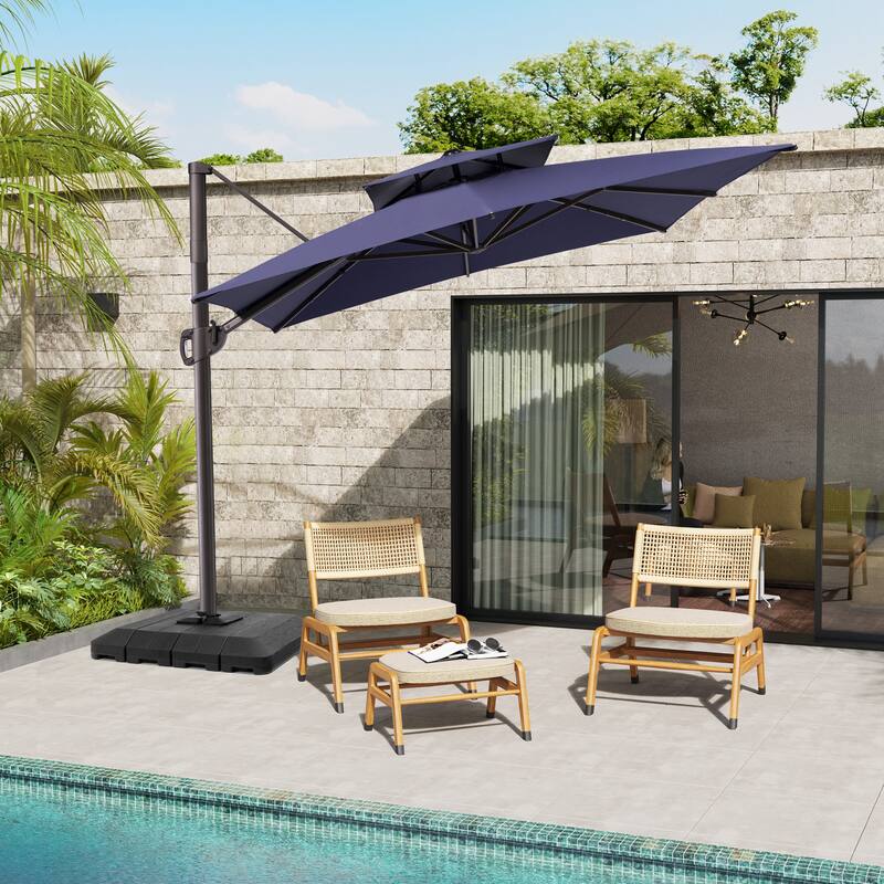 VredHom 360 Degree Rotation Patio Cantilever Umbrella with Base - Navy Blue