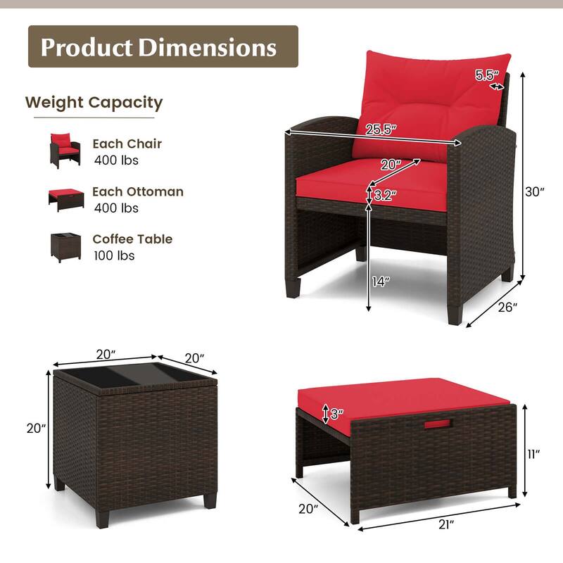 Costway 5 Piece Patio Rattan Furniture with 2 Ottomans & Tempered - See Details