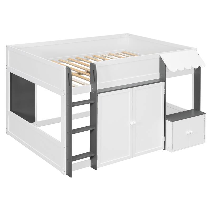 Full Size Loft House Bed with Playhouse Design & Storage, Modern Wooden Cabin Bed with Guardrails and Ladder for Kids, Teens