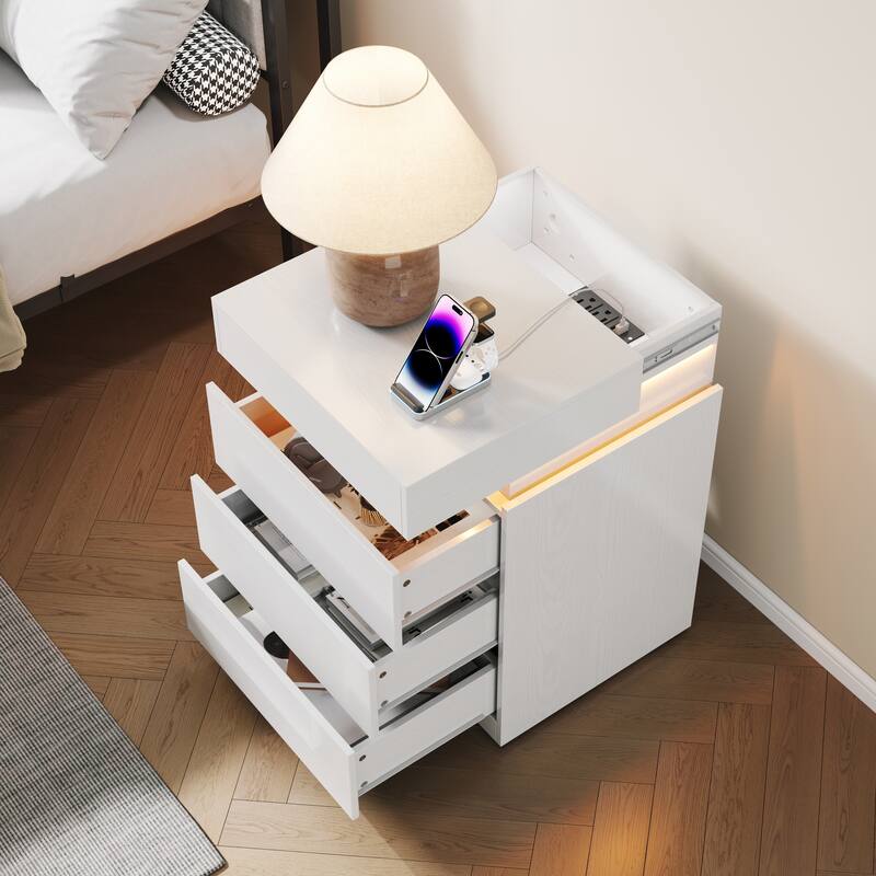 Nightstand with Built-In Charging Station and LED Lighting, 3-Drawer Sliding-Top Modern Bedside Table