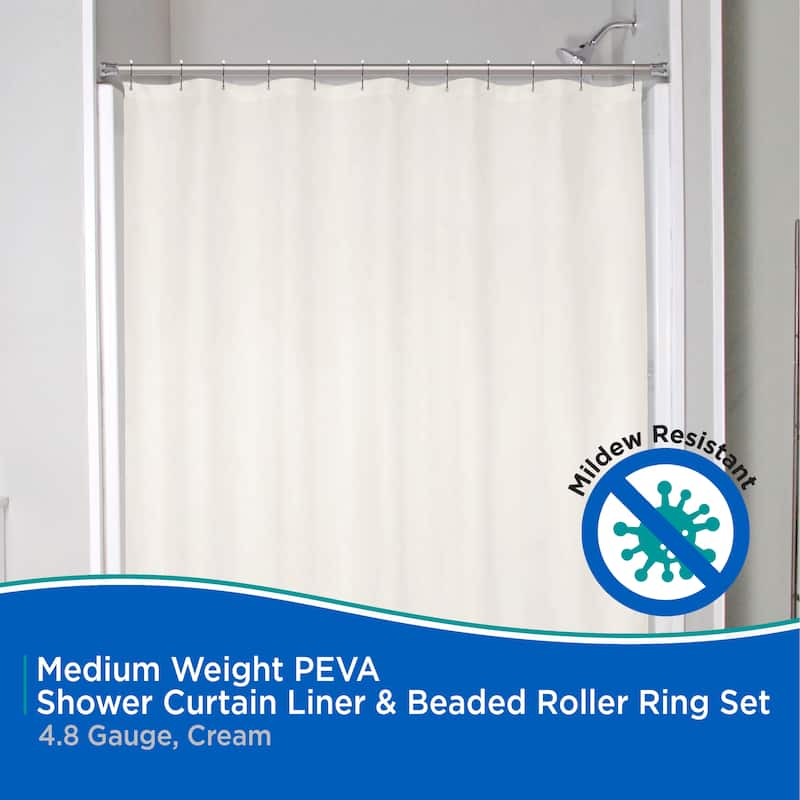 Kenney Medium Weight PEVA Shower Curtain Liner & Beaded Roller Ring Set, 70" W x 72" H