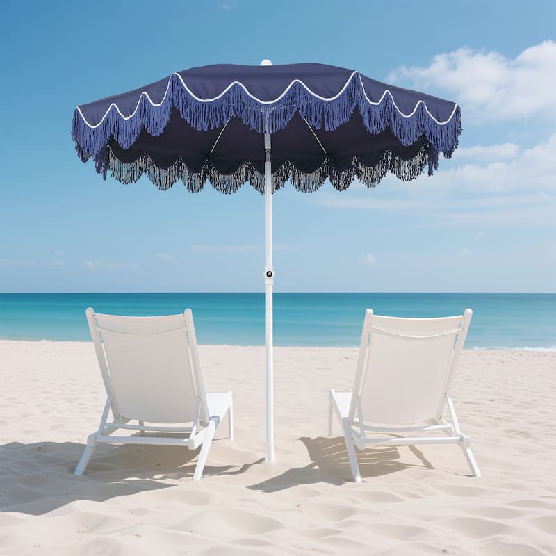 Mariner 6.5ft Classic Fringe Umbrella w/ Tilt & Bag - Blue, White Pole