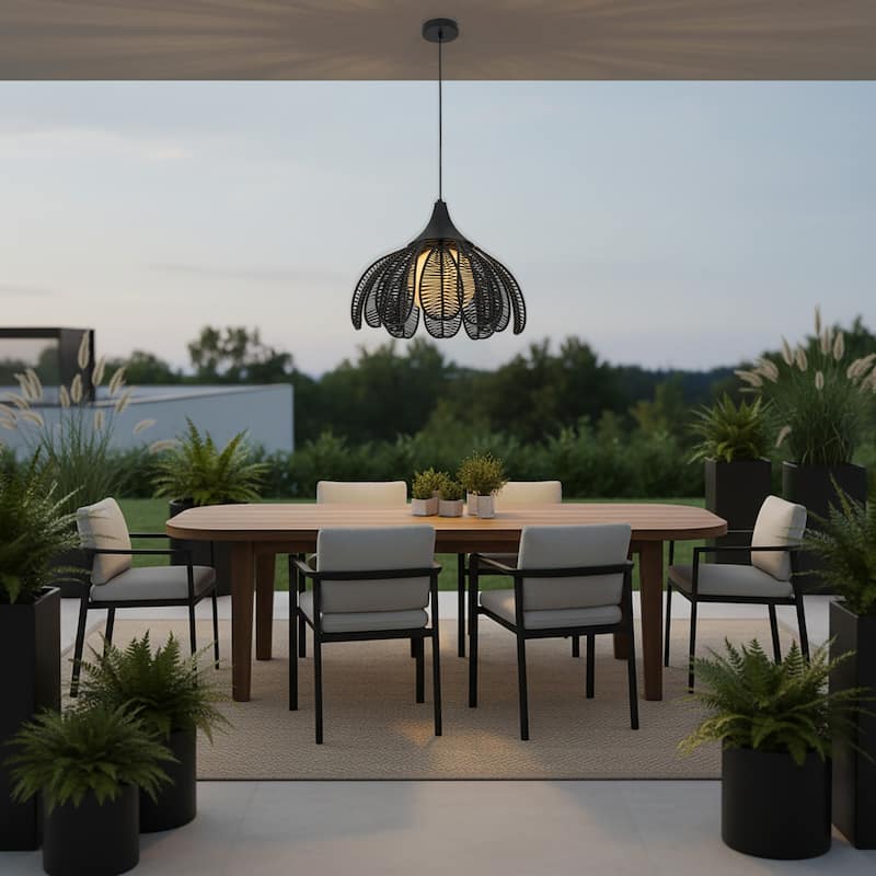 Kamala 1-Light Wicker Outdoor Pendant Light Coastal Boho Style Flower Handwoven