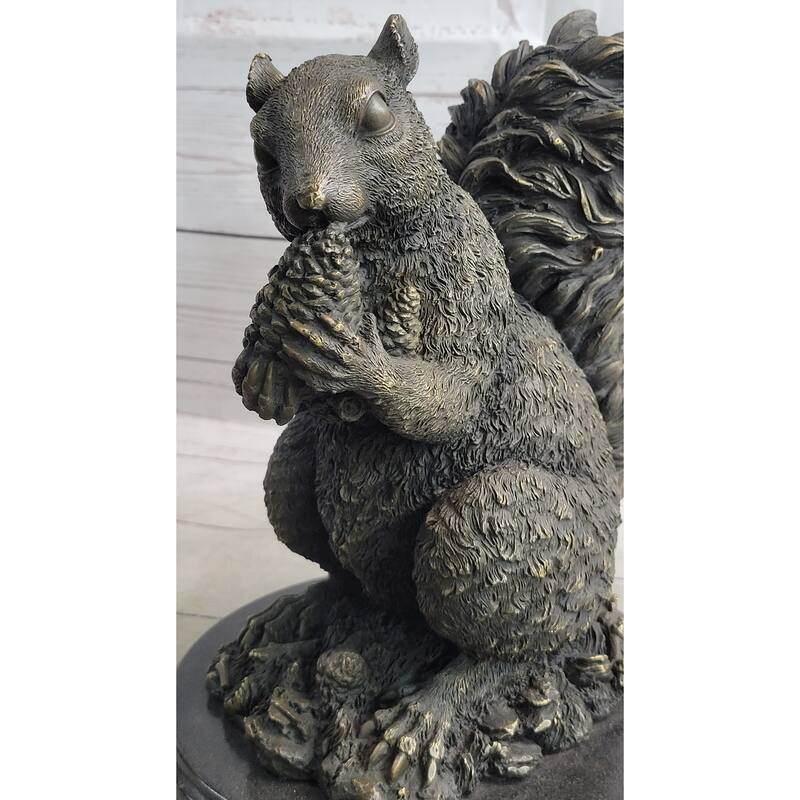Squirrel Eating An Acorn Bronze Sculpture Statue Handmade Figure Original Art Marble Base