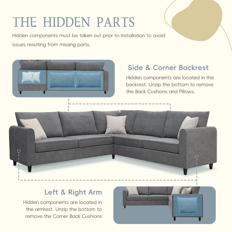 L Shape Furniture Living Room Sectional Couch with 3 Pillows聽
