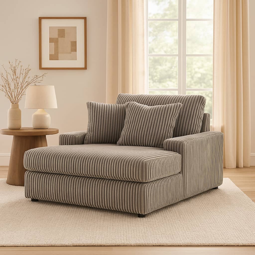 Lindy Oversized Chaise, 64 Inch Gray Cord Polyester, 2 Accent Pillows