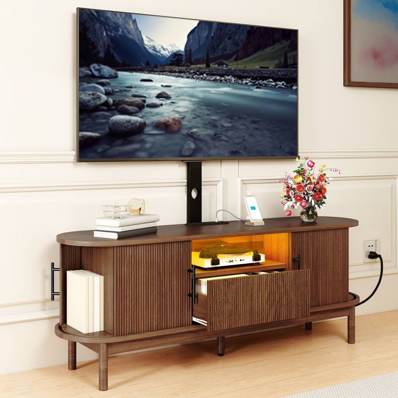 Moasis Mid-Century Modern TV Stand Fluted Entertainment Center with Mount and Drawer 2 Doors Storage Cabinets - Walnut - 60"