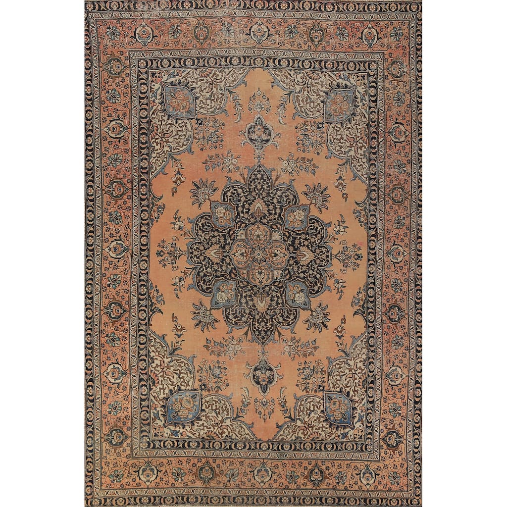 Orange Geometric Tabriz Persian Vintage Rug Handmade Wool Carpet - 7'7" x 11'5"