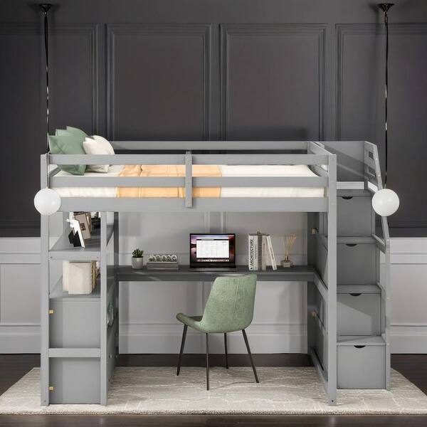 slide 2 of 36, Multifunctionl Design Full Size Loft Bed with Desk and Shelves, Two Built-in Drawers, Storage Staircase, Maximized Space, Gray Grey