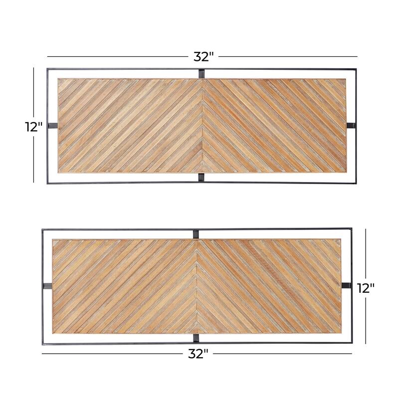 Brown Wooden Handmade Linear Carved Geometric Home Wall Decor with Black Frame (Set of 2)