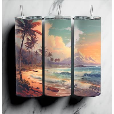 Beach Tugging at My Heart 20 Oz Skinny Metal Tumbler w/Lid and Straw - Multi