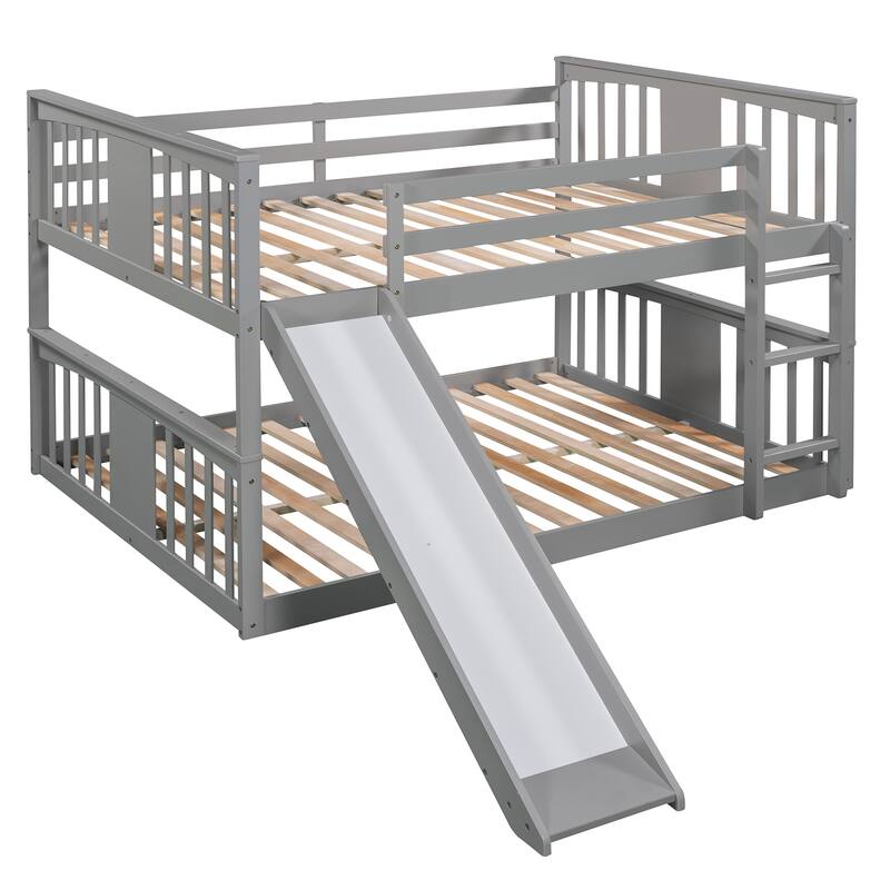 Full over Full Wood Bunk Bed with Ladder, Slide, and Full-Length Guardrail