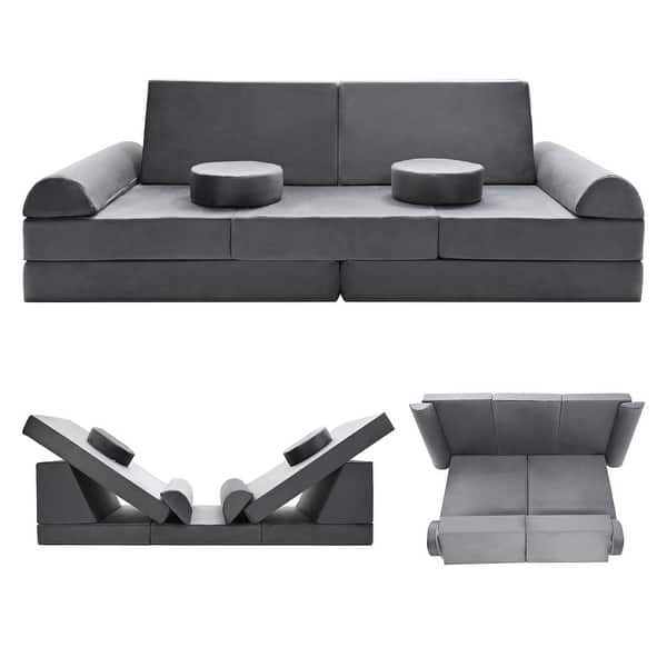 slide 2 of 8, 11-Piece Kids Couch Sofa, Convertible Foam and Floor Cushion, Grey - 70.8"×31.5"×19.7" 70.8"×31.5"×19.7" - Grey