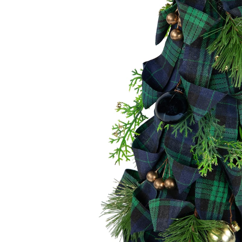 18" Green and Blue Plaid Ribbon Christmas Tabletop Cone Tree
