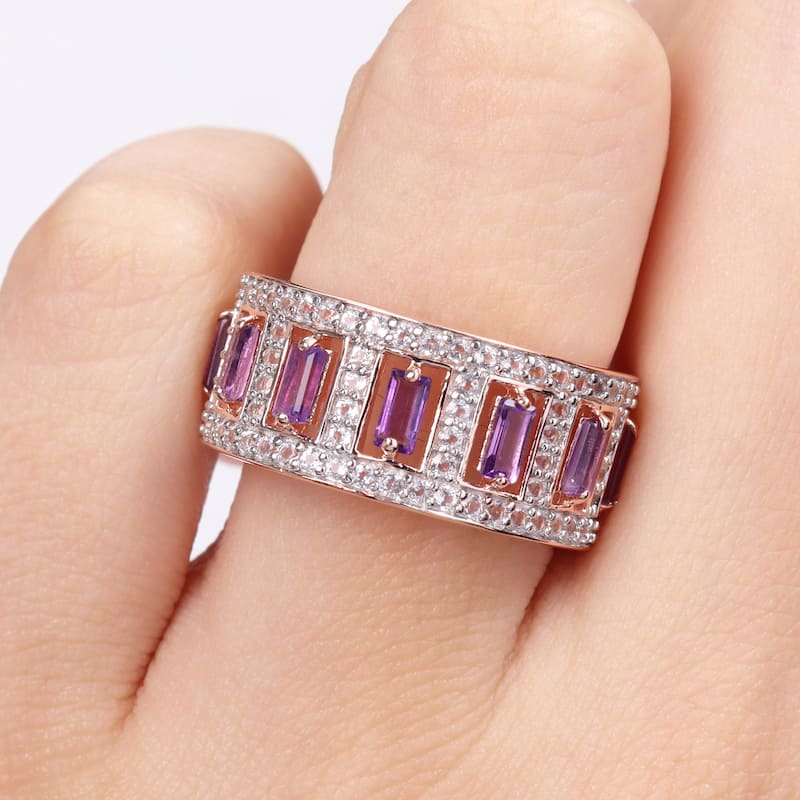 Miadora African Amethyst and White Topaz Eternity Ring in Rose Plated Sterling Silver