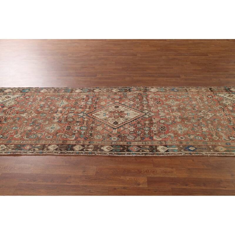 Hamedan Persian Vintage Runner Rug Handmade Geometric Wool Carpet - 3'5"x 9'9"