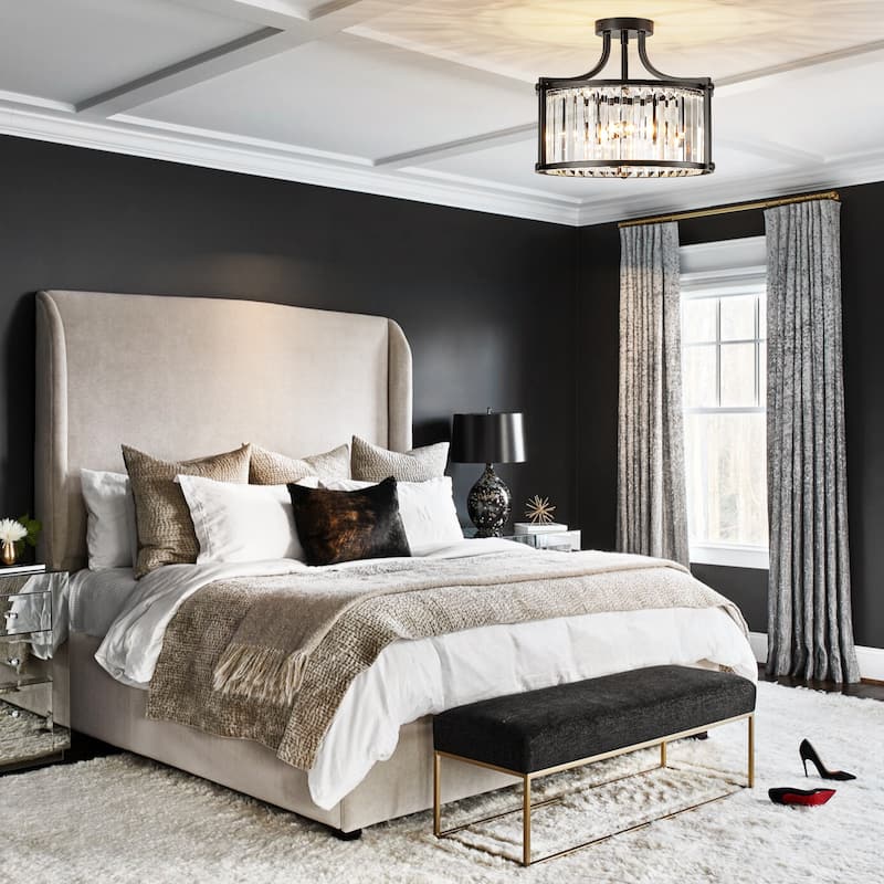 4-Light Modern Matte Black Drum Crystal Semi-Flush Mount Light - 14.76 in. W x 11.81 in. H