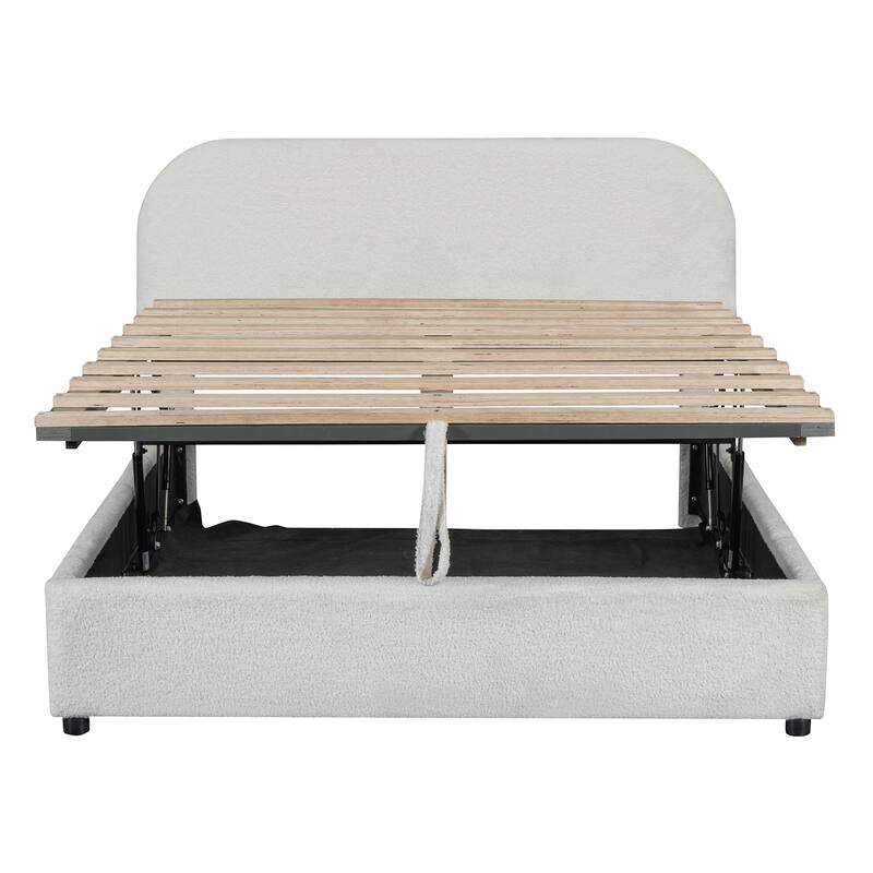 Grounded Bed Upholstered Platform Bed Storage Bed with Curved Headboard and Hydraulic Storage System Under Bed, Teddy Fleece