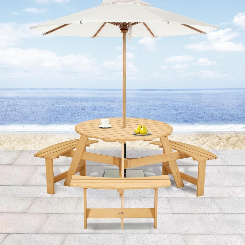 Roomfitters Outdoor 6 Person Picnic Table, 6 person Round Picnic Table with 3 Built-in Benches, Natural