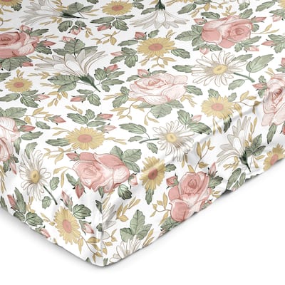 Sweet Jojo Designs Vintage Floral Boho Girl Satin Fitted Crib Sheet Blush Pink Bohemian Shabby Chic Farmhouse Sage Green White
