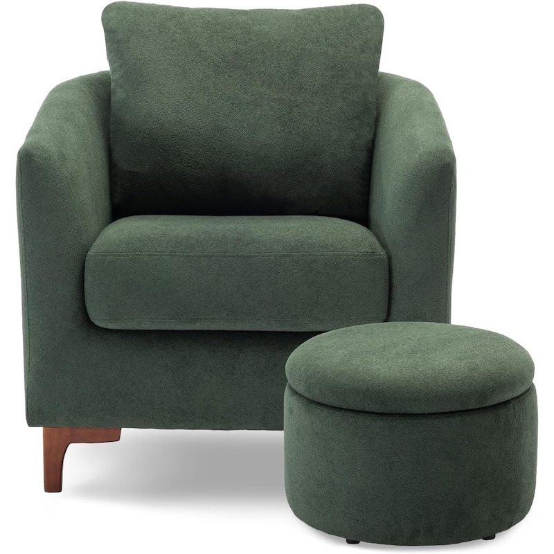 Sherpa Accent Chair with Storage Ottoman Set, Upholstered Barrel Club Arm Chair with Footrest Set of 1/2