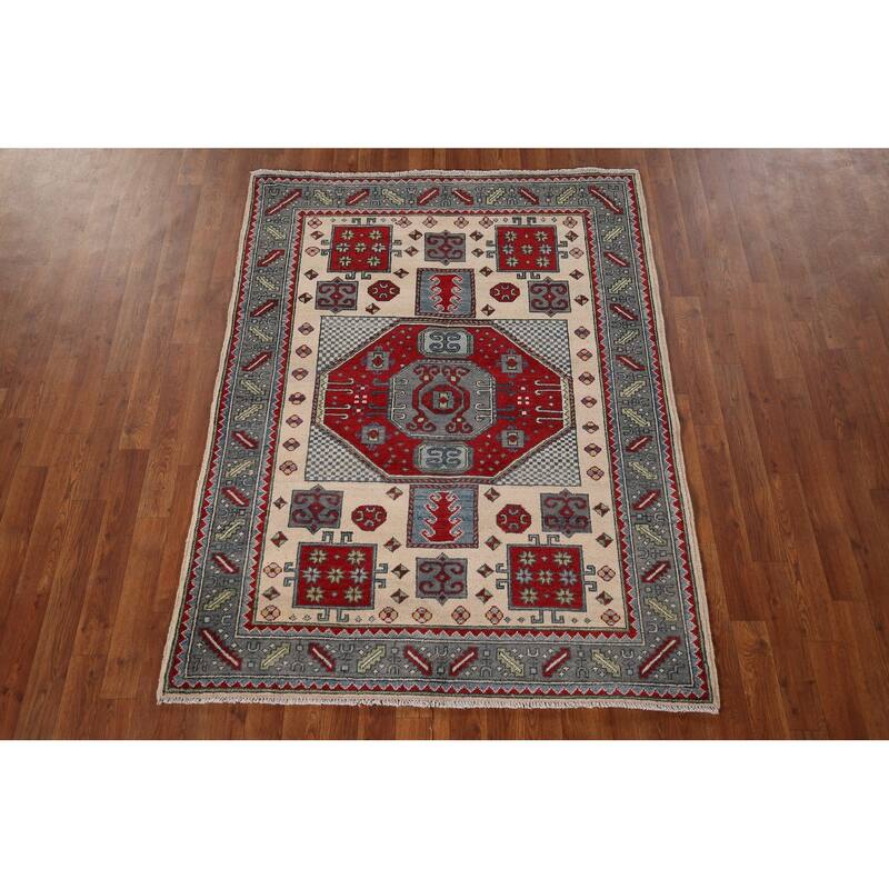 Kazak Oriental Area Rug Hand-Knotted Traditional Beige Wool Carpet - 4'2" x 5'7"