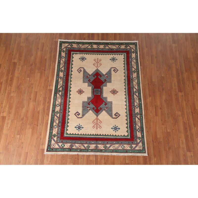 Kazak Area Rug Hand-Knotted Oriental Beige Wool Carpet - 5'0" x 6'10"