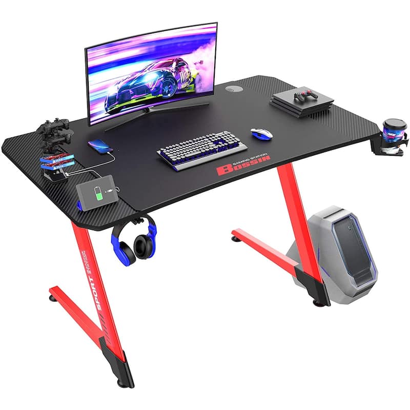 BOSSIN Ergonomic Gaming Desk Z-Shaped Office PC Computer Desk Gamer Tables with Cup Holder and Headphone Hook