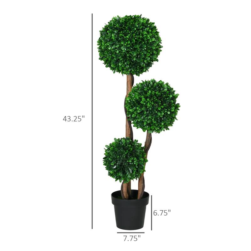 HOMCOM 3.5ft/43.25" Artificial 3 Ball Boxwood Topiary Tree with Pot, Indoor Outdoor Fake Plant for Home Office