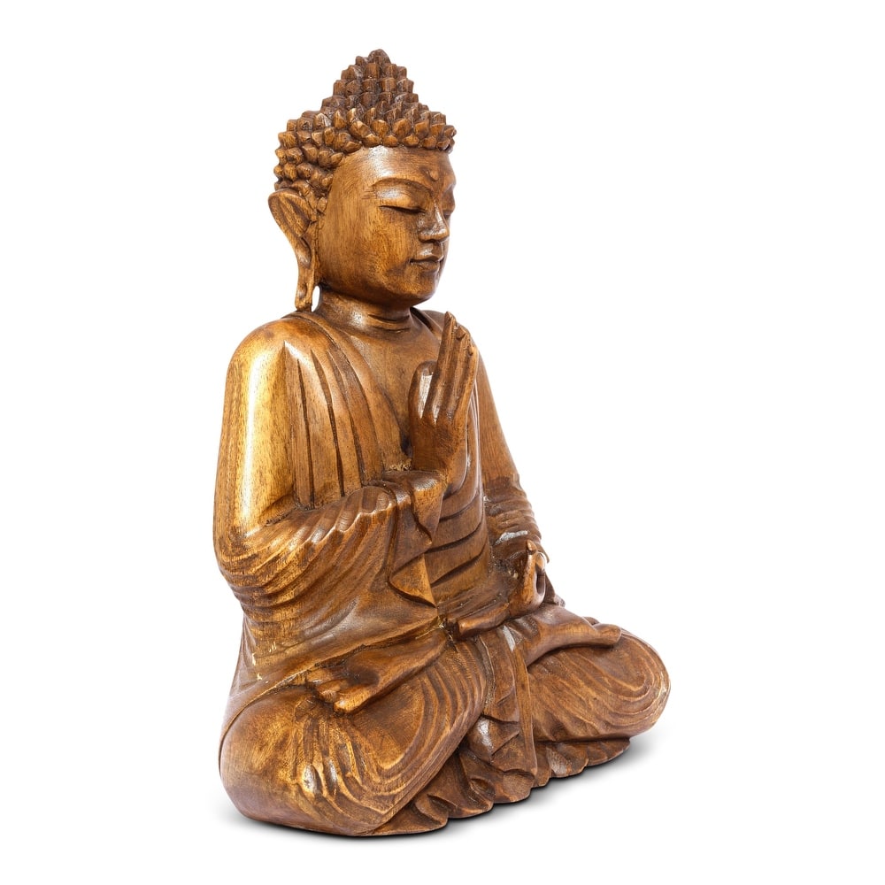 Wooden Serene Sitting Buddha "Vitarka Mudra" Statue Handmade Meditating Sculpture Figurine Home Decor Accent Handcrafted Art
