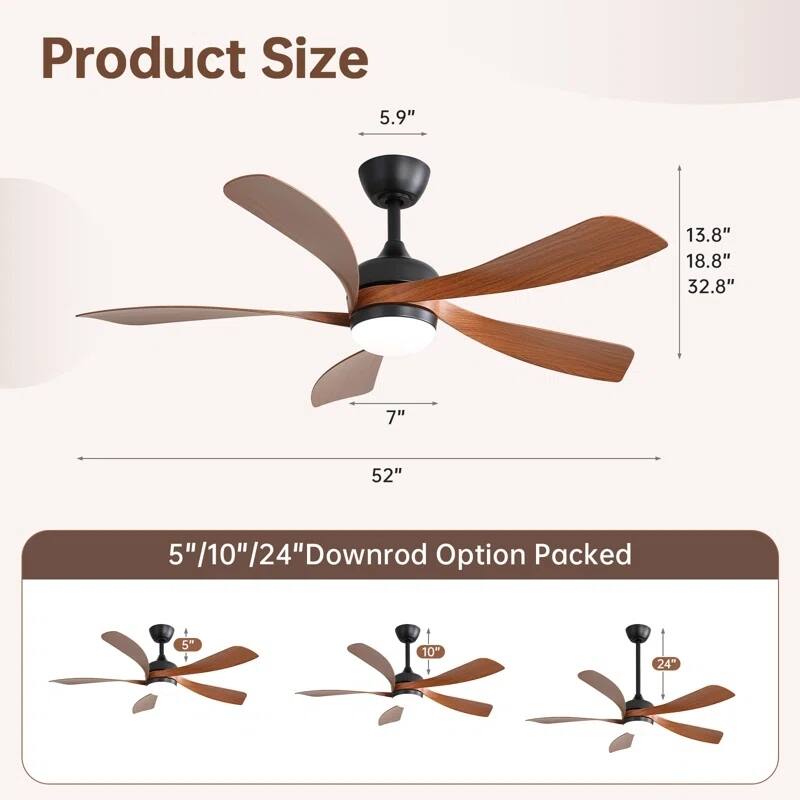52 Inch Ceiling Fan with Light and Remote for Living Room Bedroom Dining Room Patio Farmhouse - 52 Inches