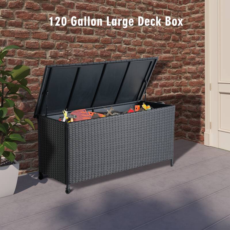 Outdoor Metal Frame Rattan Storage Bench with Wheels