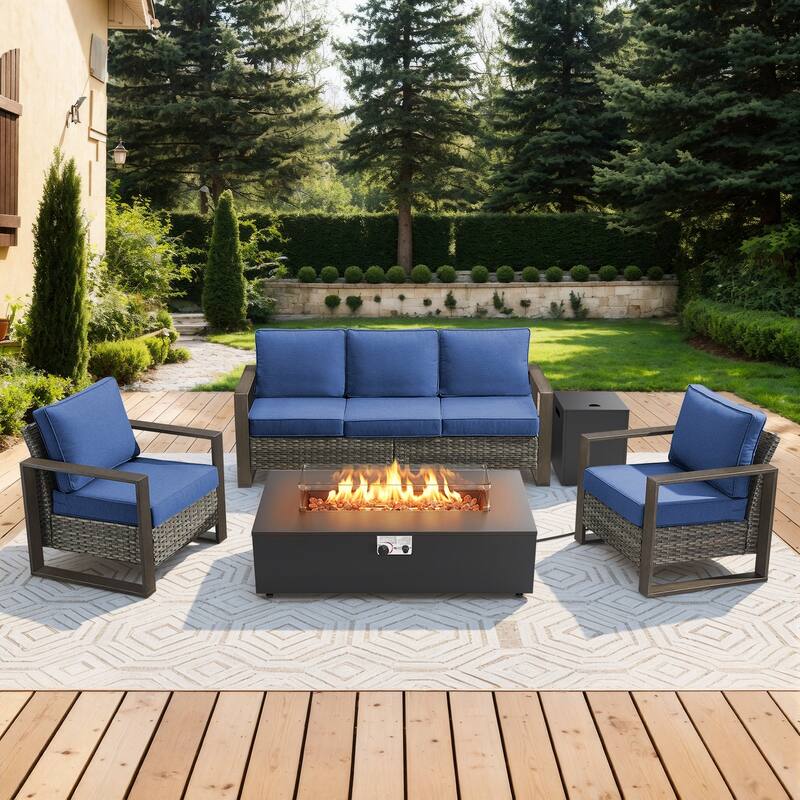 Meyreso Wicker Patio Conversation Set with Metal Fire Pit Table & 4.5-Inch Olefin Cushions