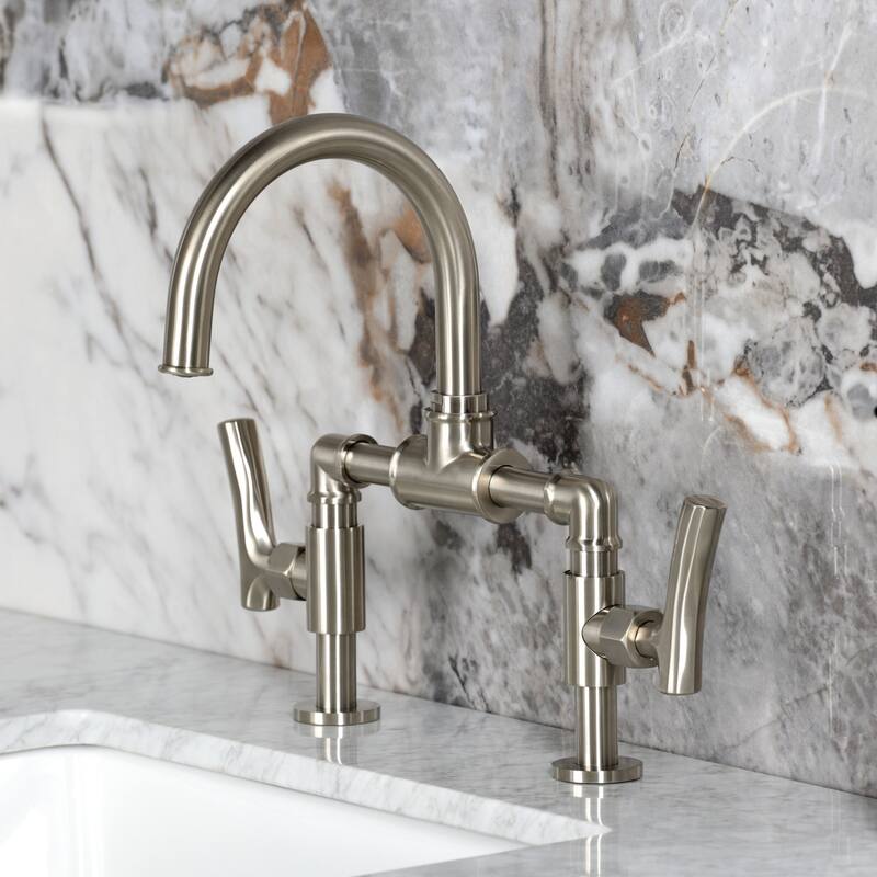 Kingston Brass Hallerbos Two-Handle 4-Hole Deck Mount Bridge Bathroom Faucet with Brass Pop-Up Drain