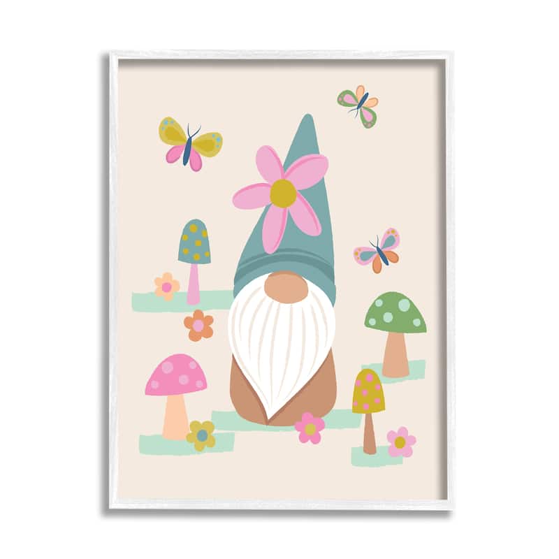 Stupell Fluttering Butterflies Mushroom Garden Gnome Pink Flowers Framed Wall Art - Off-White - 11 x 14 - White
